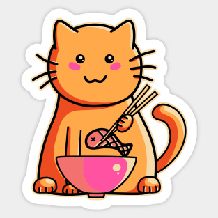 Cute cat eating fish with chopsticks Sticker